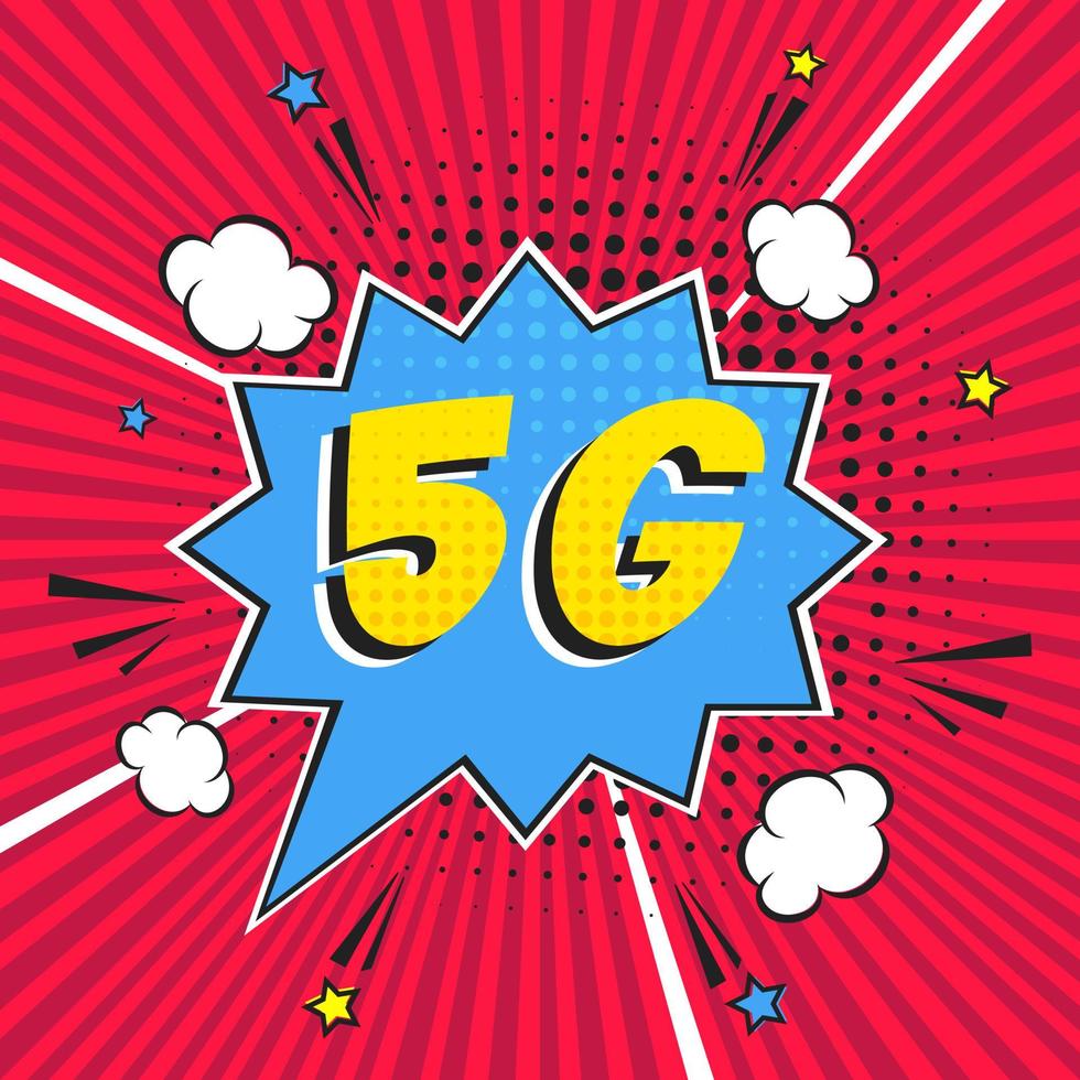 5G new wireless internet wifi connection comic style speech bubble exclamation text 5g flat style design vector illustration isolated on rays background. New mobile internet 5g sign icon in balloon.