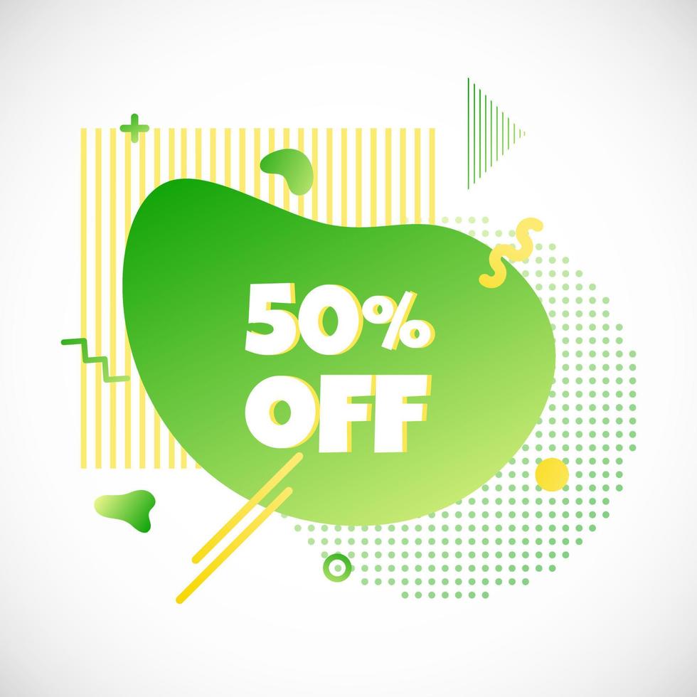 Modern liquid abstract special offer price sign UP TO 50 OFF text gradient flat style design fluid vector colorful vector illustration banner simple shape advertising big sale or clearance symbol.