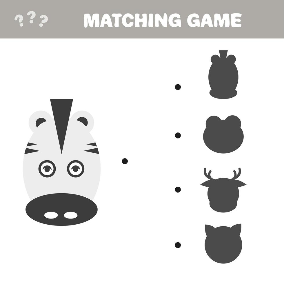 Shadow matching game. Find the correct shadow for cute zebra head vector