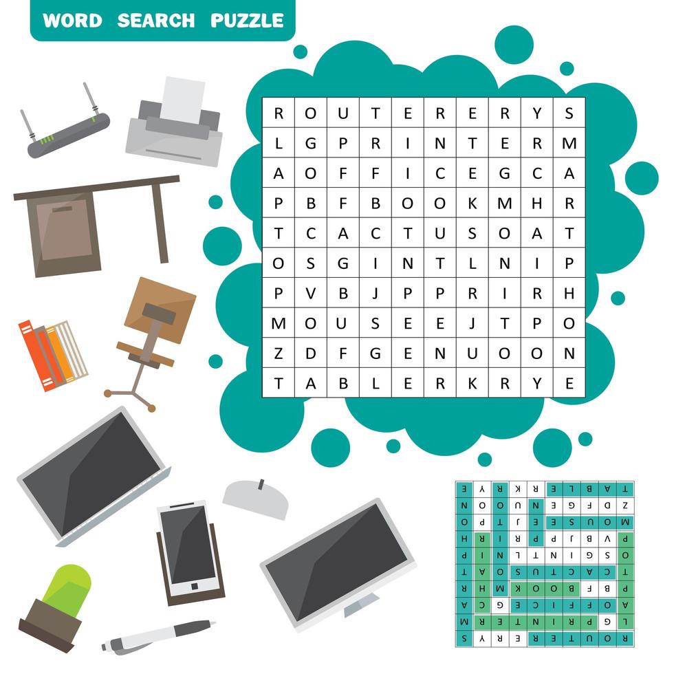 Vector colorless crossword, education game for children about Set of office item