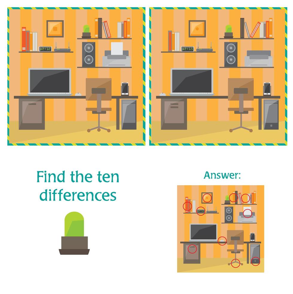 vector de dibujos animados de encontrar diferencias entre imágenes juego de actividad educativa