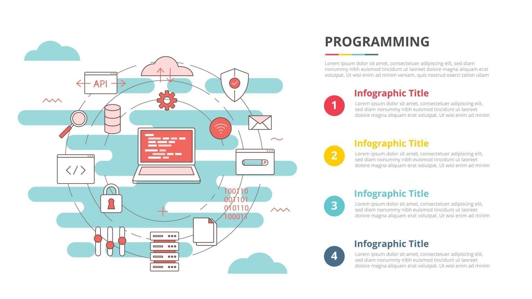 concepto de programación para banner de plantilla infográfica con información de lista de cuatro puntos vector