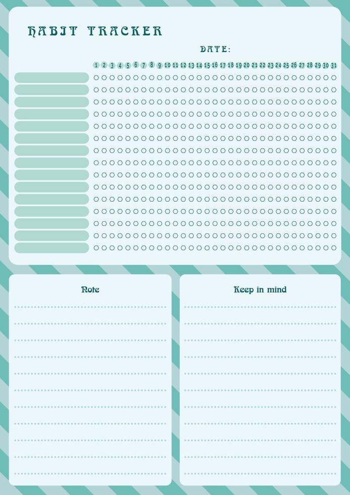 Habit Tracker, Notes, Reminders,  Template Blank notebook page A4 vector