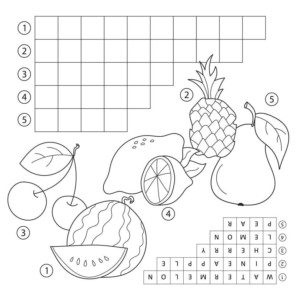 Crossword puzzle game with fruits. Educational page for children -English words vector