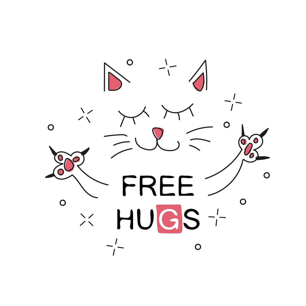 Vector illustration of cute cartoon hand drawn cat with open arms - free hugs