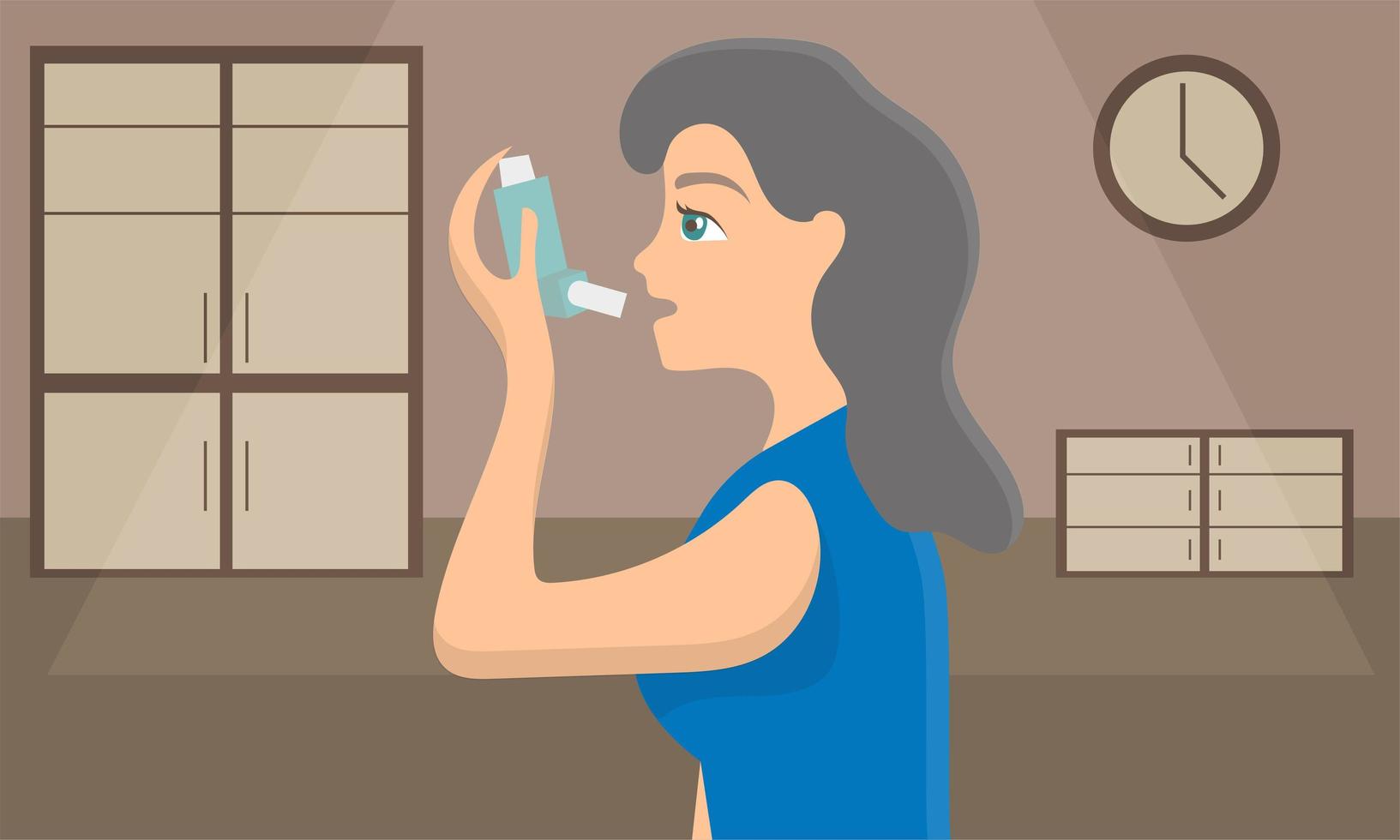 Woman using a spray inhaler to stop asthma attack. Bronchial disease awareness vector