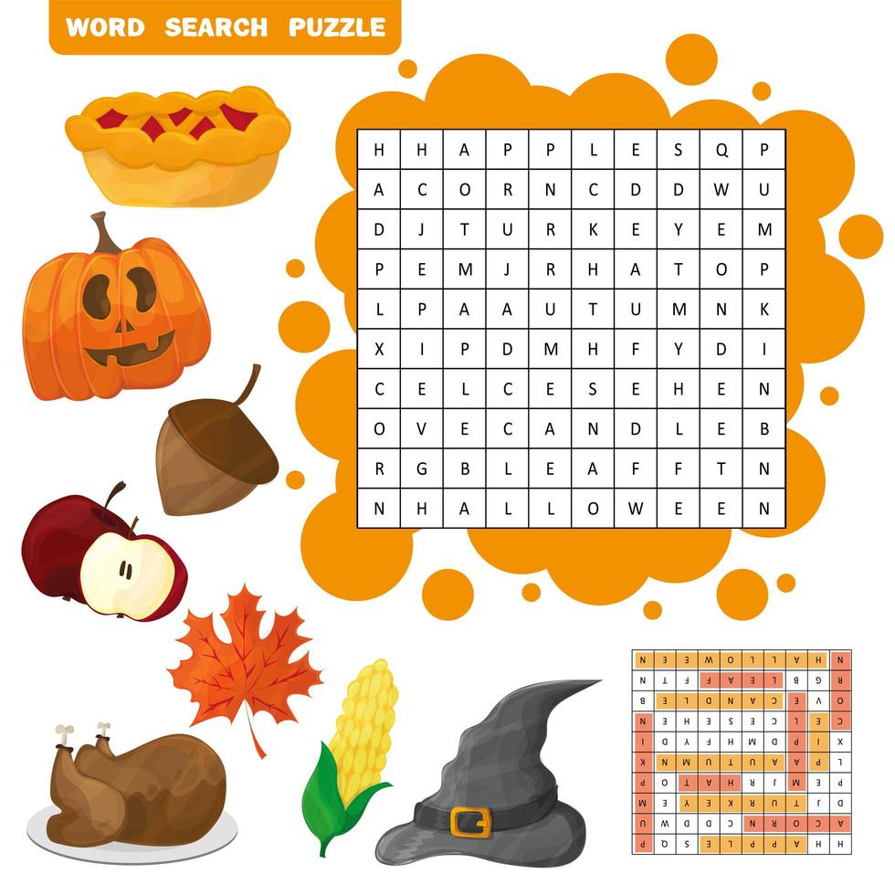 Learn English with an autumn word search game for kids. Vector illustration