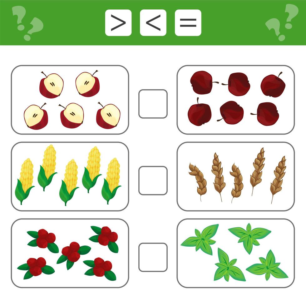 Learning mathematics, numbers - choose more, less or equal. Tasks for children vector
