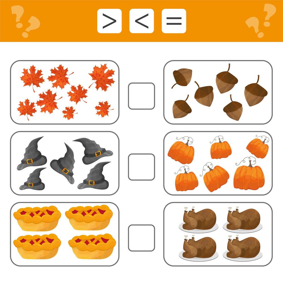 aprender matemáticas, números: elija más, menos o igual. tareas para niños vector