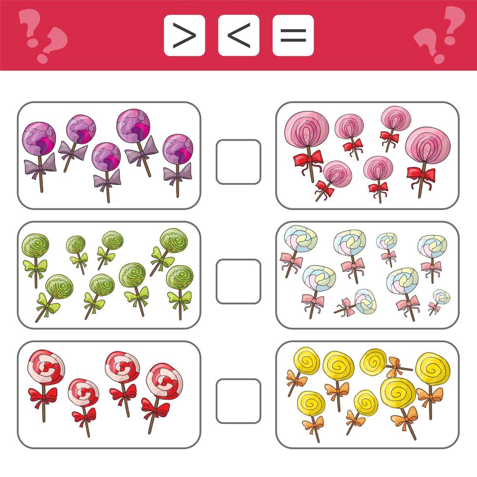 Learning mathematics, numbers - choose more, less or equal. Tasks for children vector