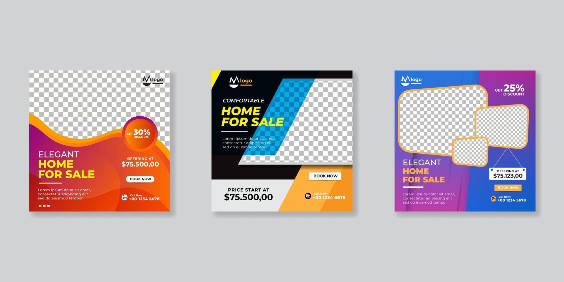 Set modern real estate square editable banner template. Minimalist design.Suitable for social media post and web internet ads. illustration with photo college. fashion sale social media post design vector