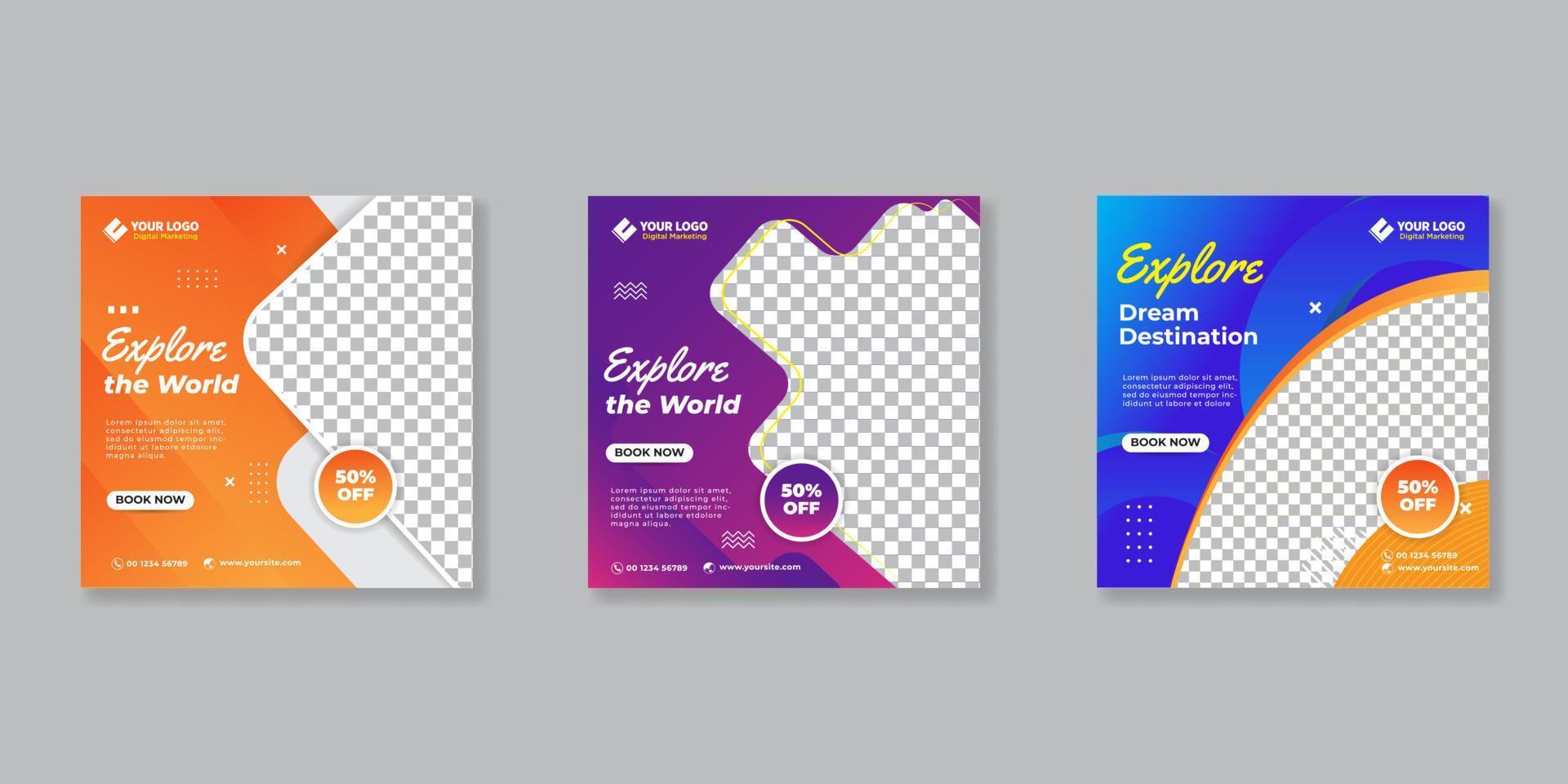 Set of Editable square banner for Travel social media post, Template banner for travel ads with abstract shape, Vector illustration.