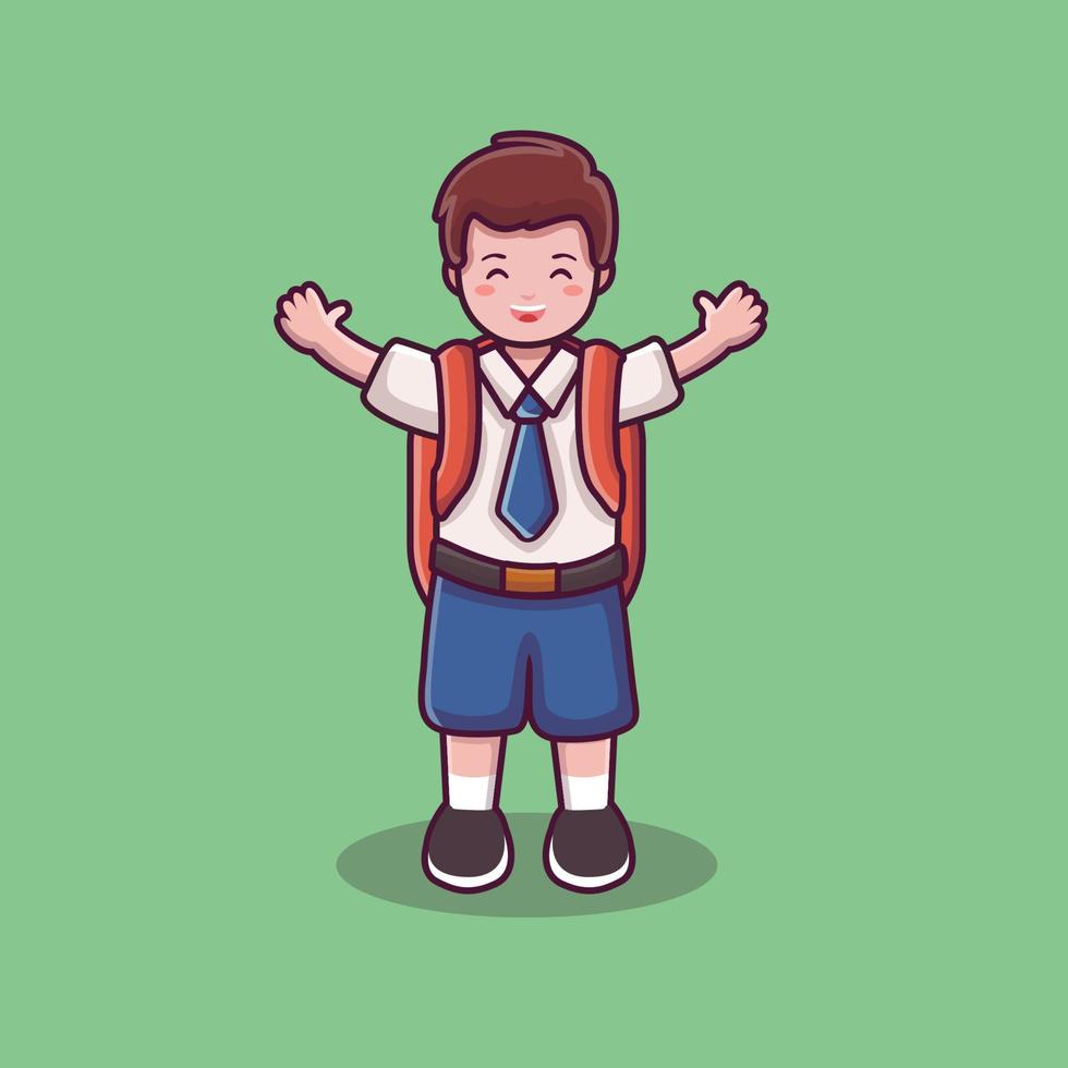 a male student wearing a bag and waving. a cute schoolboy vector. back to school background. boy in school uniform vector