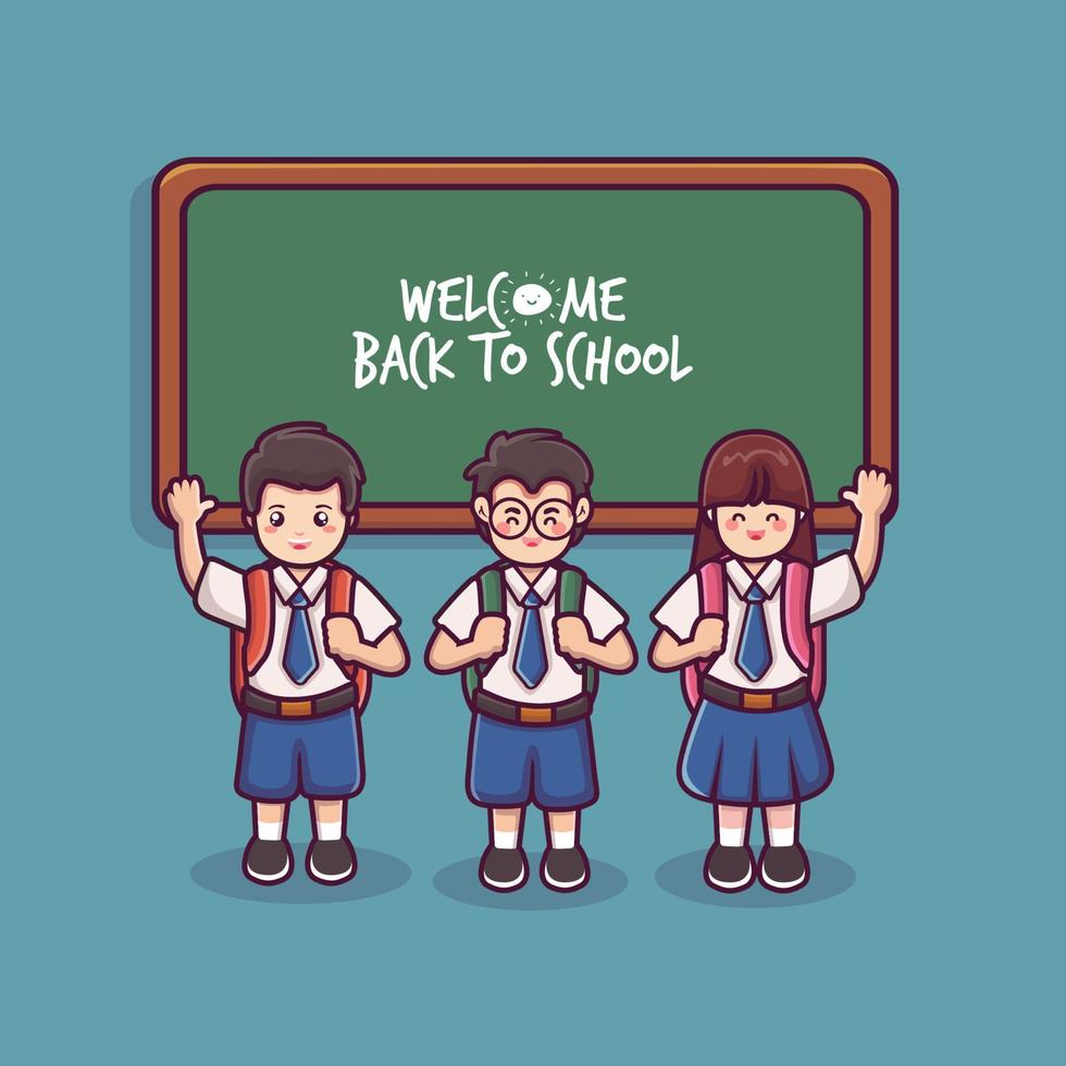 estudiantes con una bolsa y saludando. un lindo vector de colegial. volver al fondo de la escuela. niño y niña en uniforme escolar