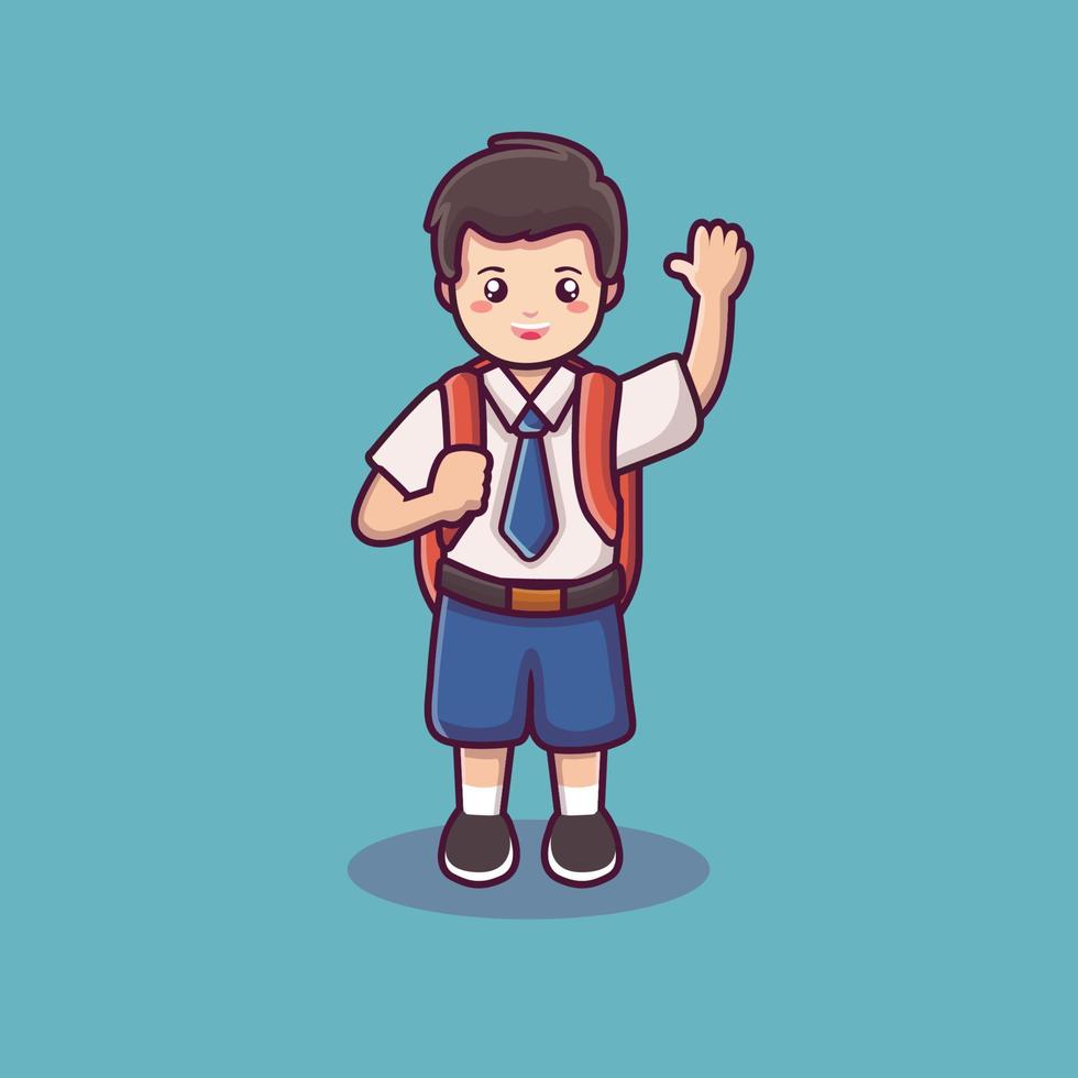 a male student wearing a bag and waving. a cute schoolboy vector. back to school background. boy in school uniform vector