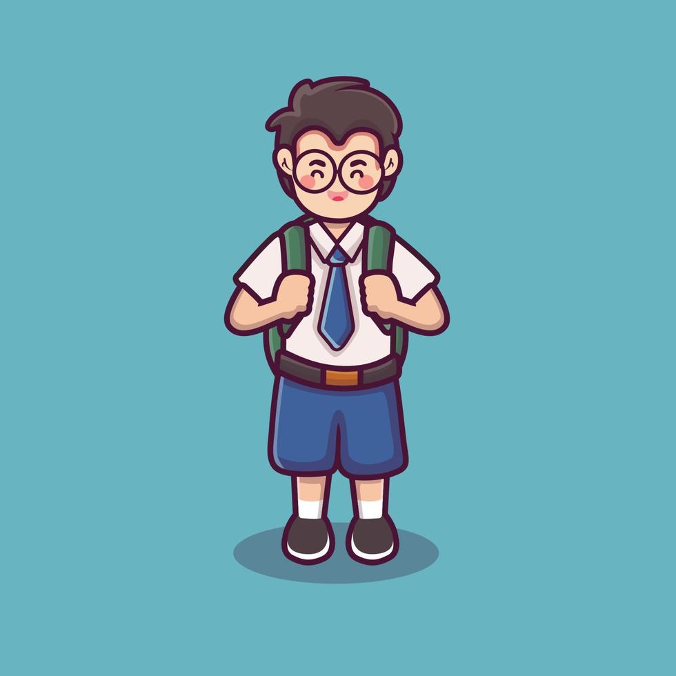 un estudiante que lleva una ilustración de dibujos animados de bolsa. un lindo vector de colegial masculino. volver al fondo de la escuela. niño en uniforme escolar
