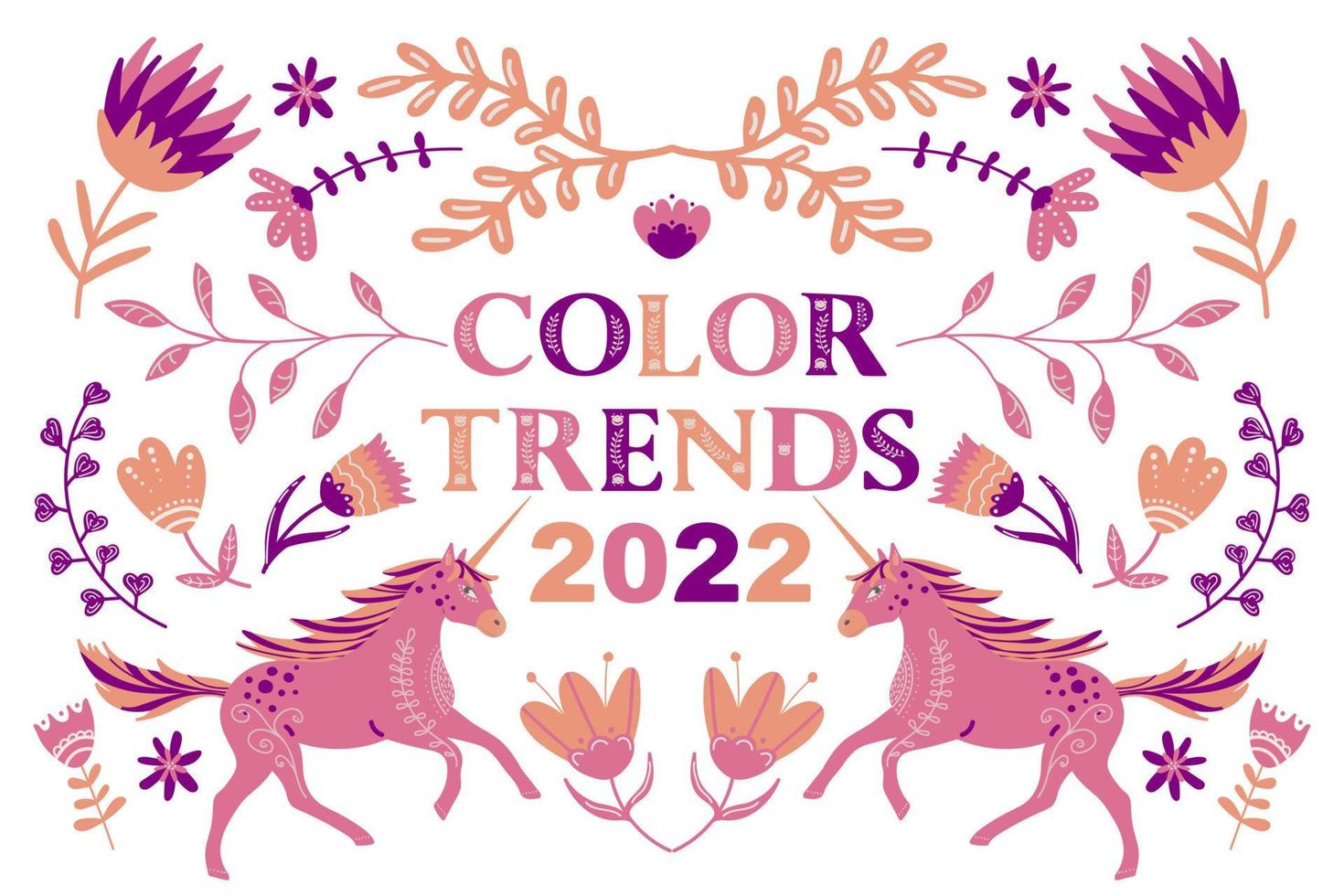 tendencias de color 2022. Ilustración en colores de tendencia, con unicornios y motivos florales. vector