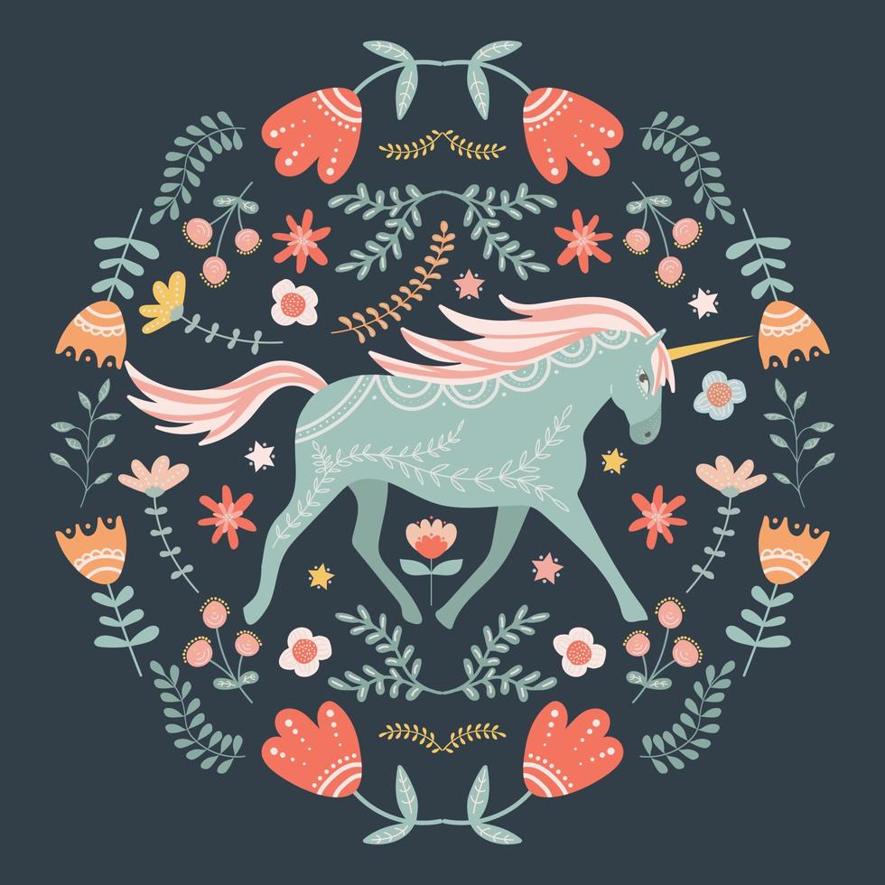 unicornio y motivos florales, ilustración en estilo de arte popular. vector