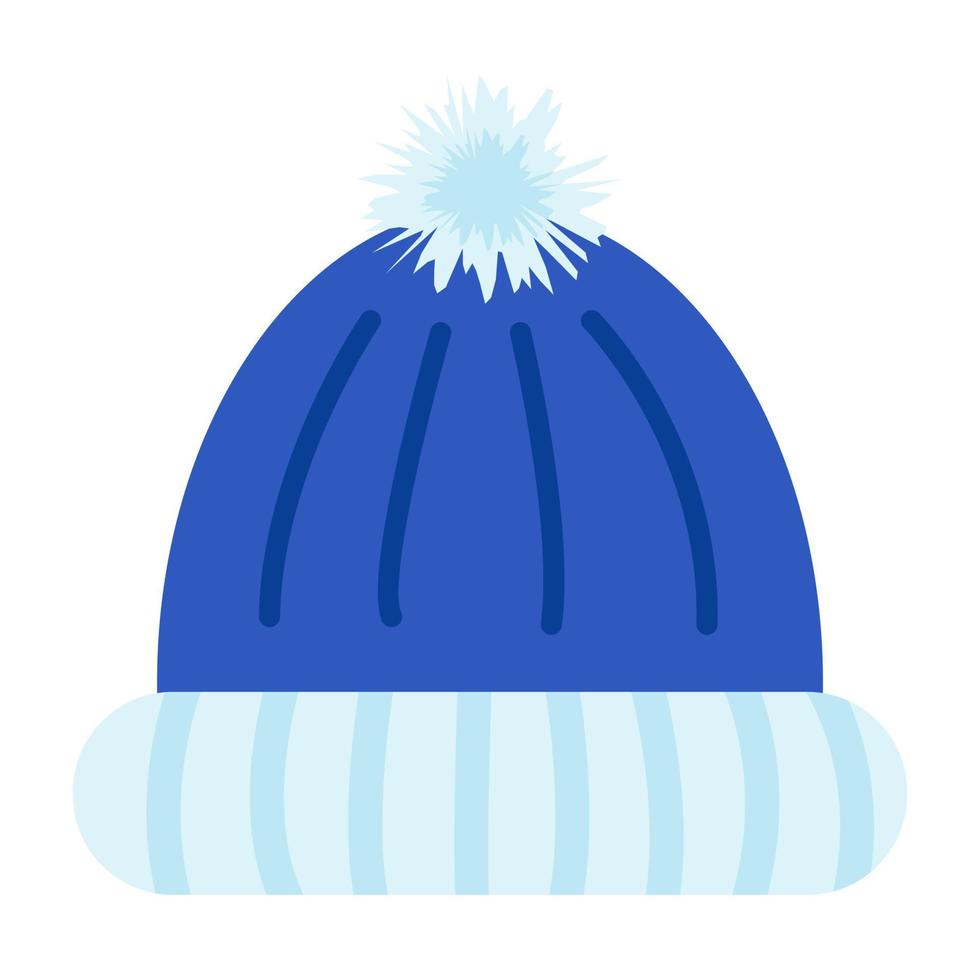 Warm winter hat with pompon, vector illustration in cartoon flat style. Clothes for cold and frosty day. Hygge, cozy and comfortable symbol. Seasonal headwear, knitted jersey. Winter and autumn print