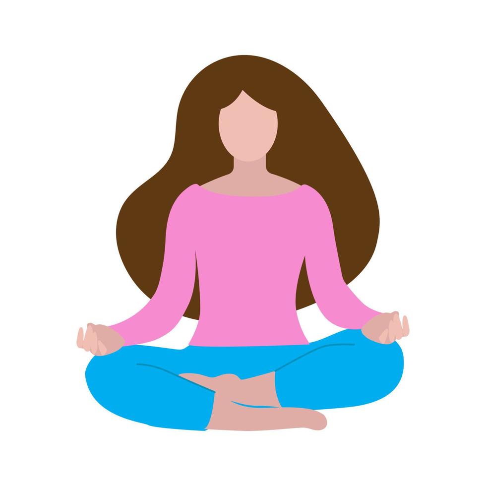 Young woman practicing yoga in lotus asana. Faceless illustration. Lady with long hair. Healthy lifestyle, sport and meditation concept. Breath awareness exercise. Flat style illustration vector