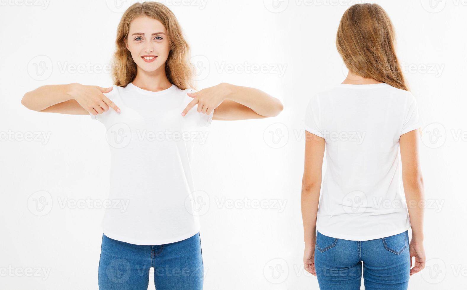 set woman pointed on white t shirt, front back views tshirt,copy space photo