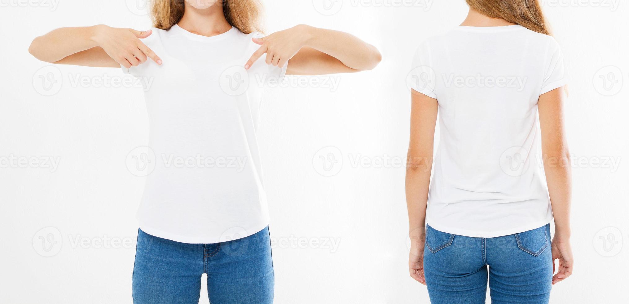 set collage woman in white tshirt, pointed on t shirt, mock up for design photo