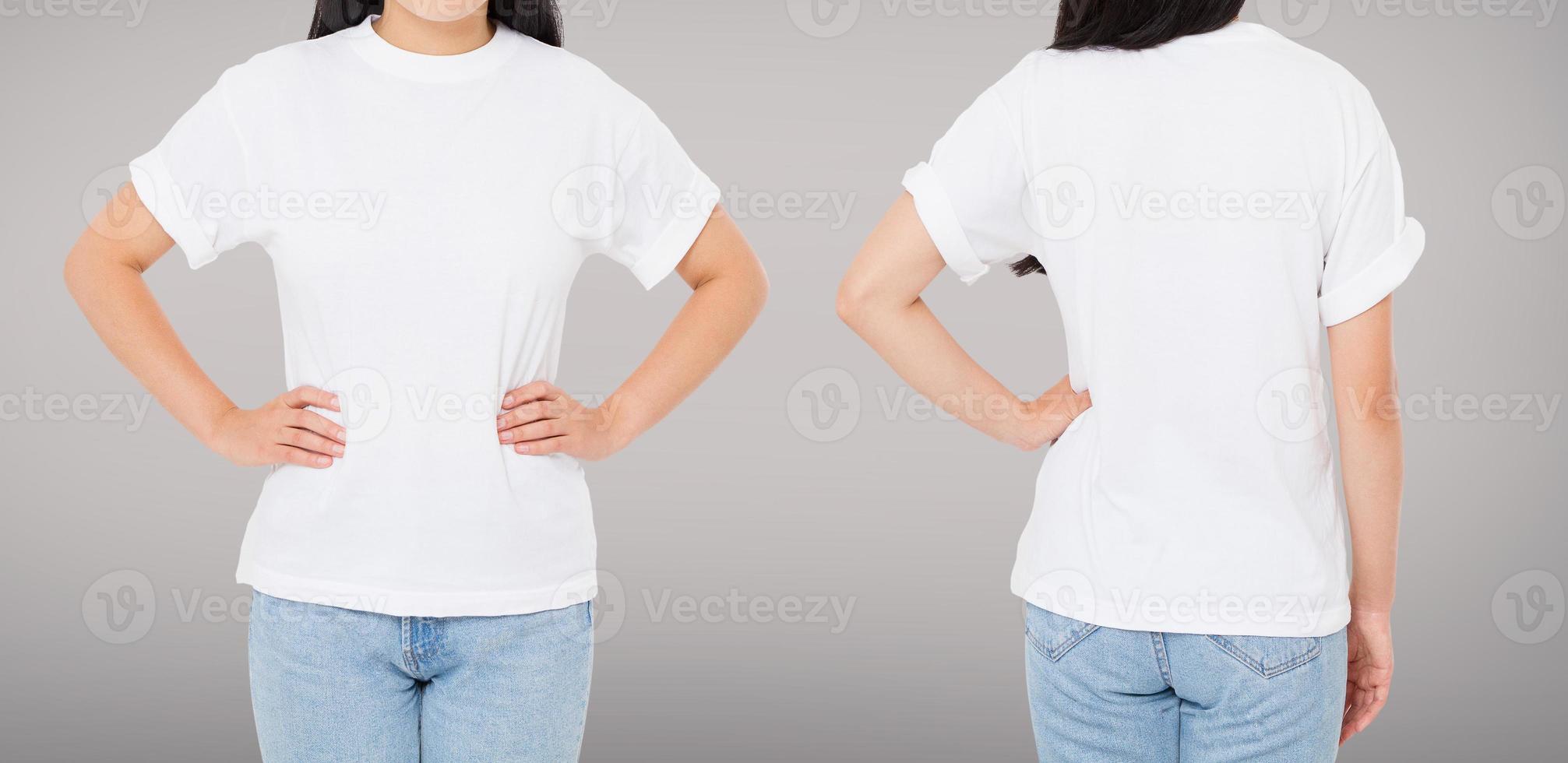 brunette woman front back views in t-shirt isolated on gray background,template,blank photo