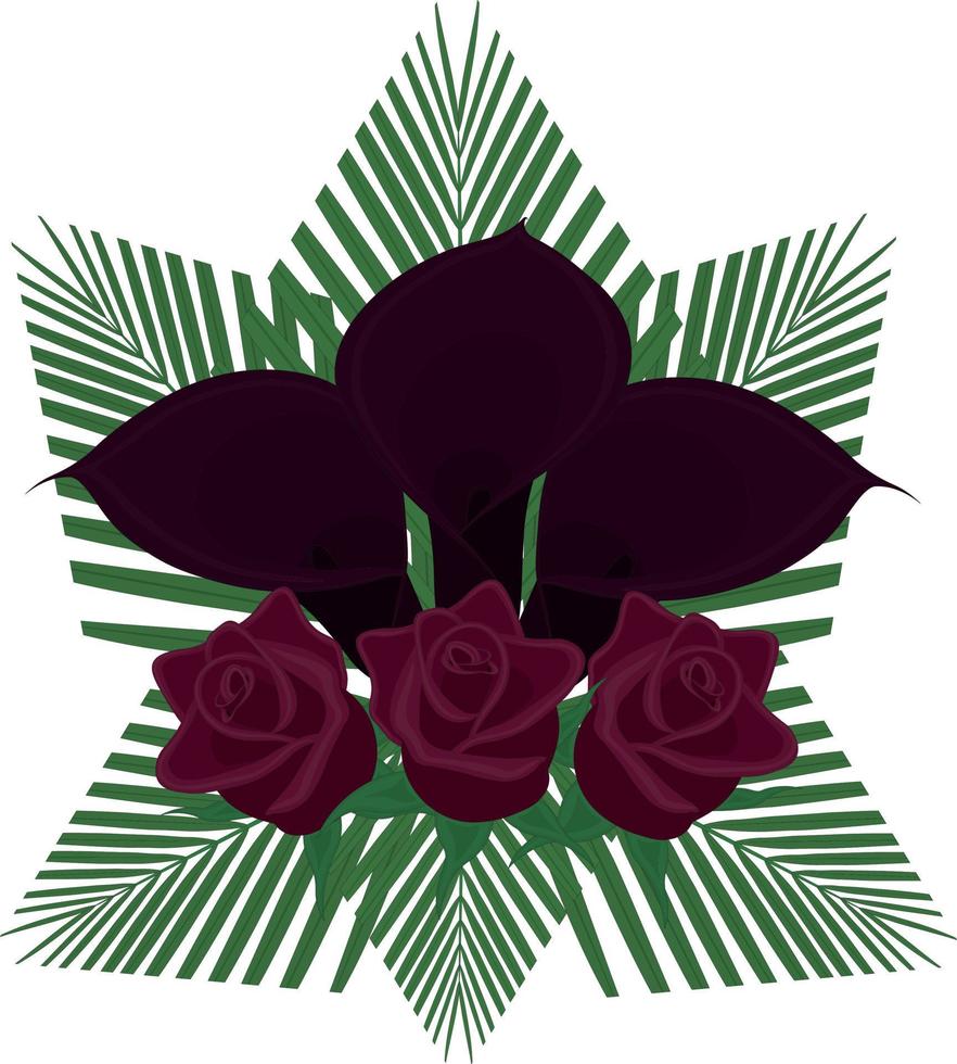 lirio de cala y rosa ramo de color sombrío oscuro con hojas de palma  ilustración vectorial 4570790 Vector en Vecteezy