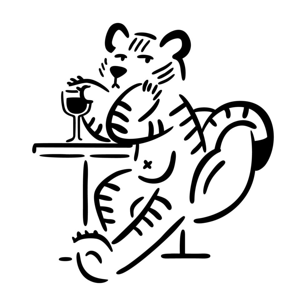 Tiger sitting in chair with glass of wine. Chinese zodiac animal. Symbol of the new year 2022, 2034. Vector illustration isolated on white background. Abstract art. Design print.