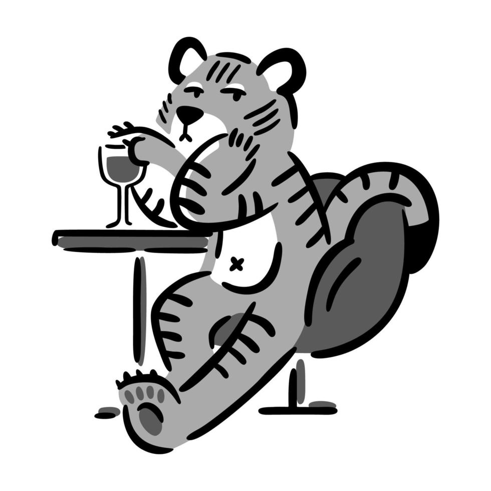 Tiger sitting in chair with glass of wine. Chinese zodiac animal. Symbol of the new year 2022, 2034. Vector illustration isolated on white background. Abstract monochrome art. Design print.