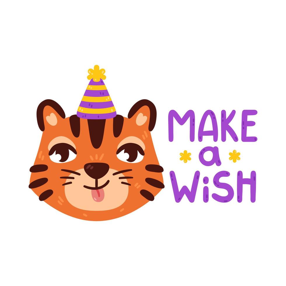 Tiger with party hat. Chinese zodiac animal. Make Wish lettering