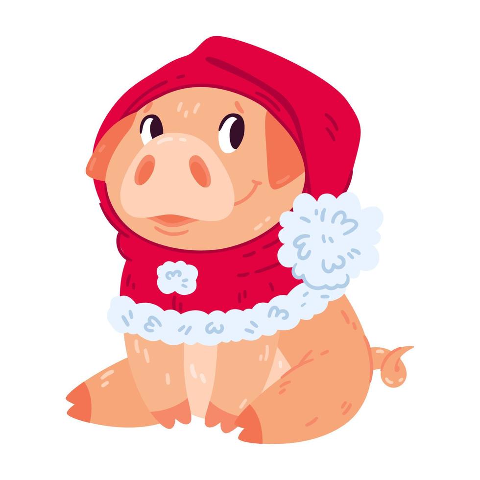 lindo cerdo con sombrero de navidad. alcancía de año nuevo con capucha roja. sonriente animal de granja. Ilustración de vector colorido aislado sobre fondo blanco.