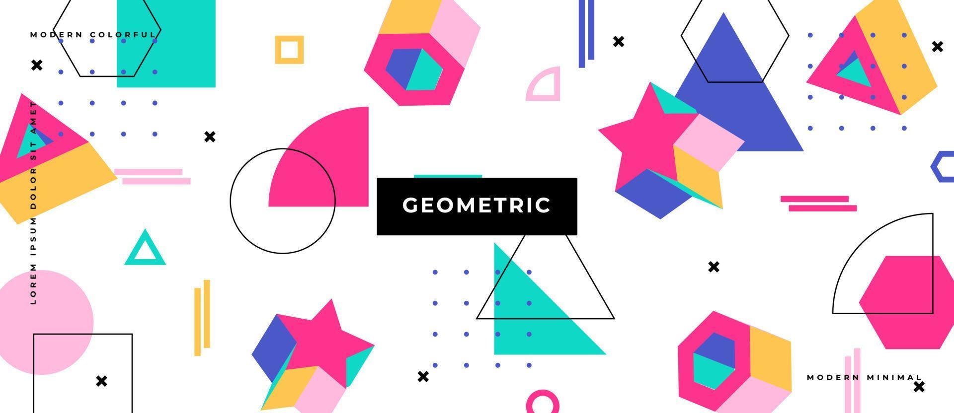 Colorful 3d polygon shapes, geometric memphis style motion shape, lines, dots on white background. vector
