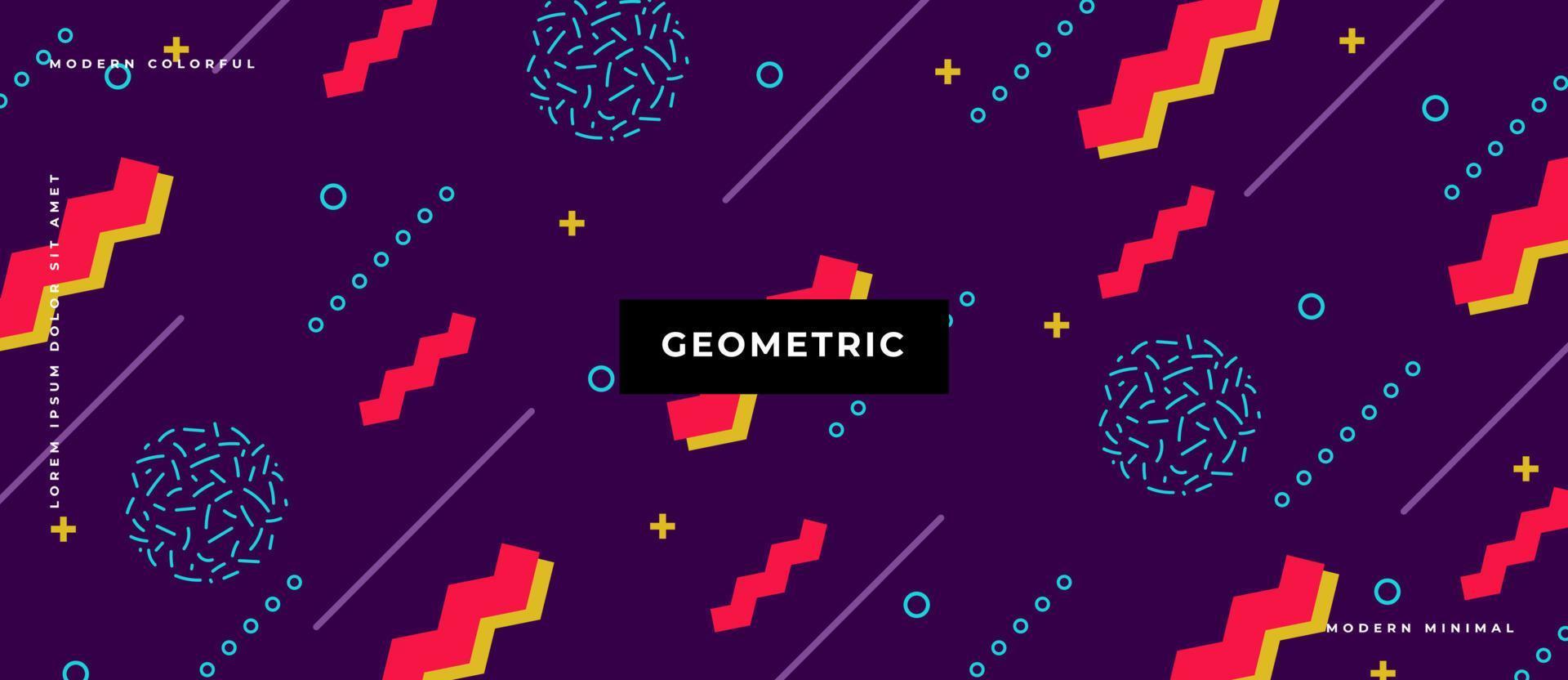 Memphis style seamless pattern. Geometric moving colorful objects, line, shape, dot in purple background. vector