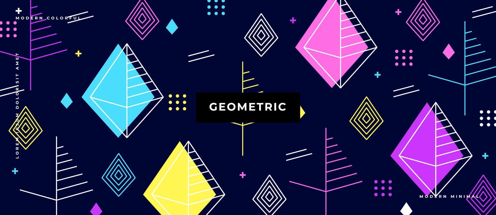 Abstract retro geometric element colorful on dark blue background memphis style. vector