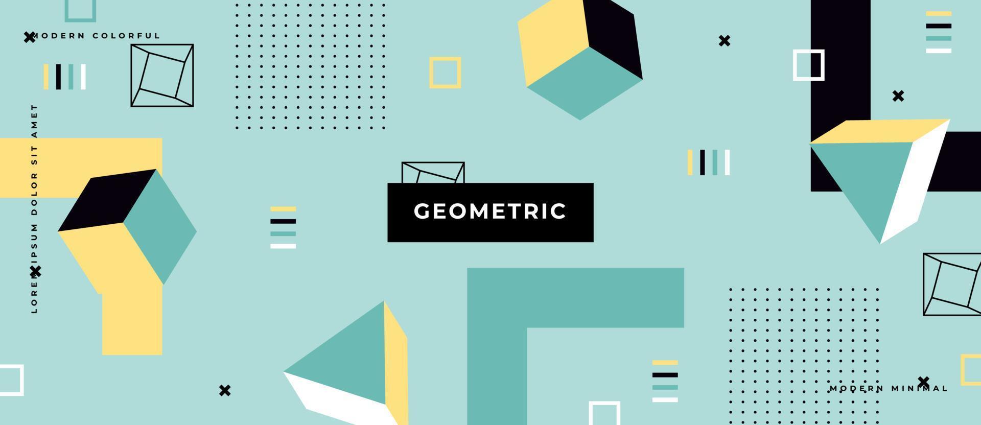 estilo geométrico de patrones sin fisuras de memphis. Fondo de moda moderno con objetos 3d, cubo, triángulo, punto, línea, concepto de forma. vector