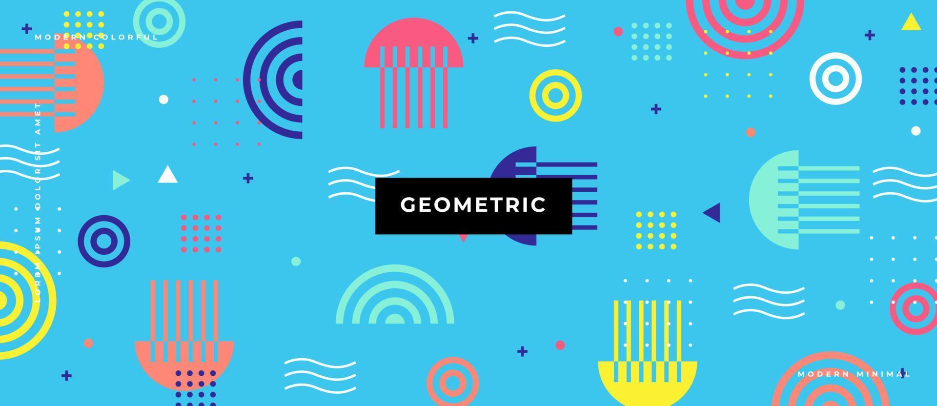 Minimal geometric shape, dot, line, object in blue background. Memphis style composition illustration. vector