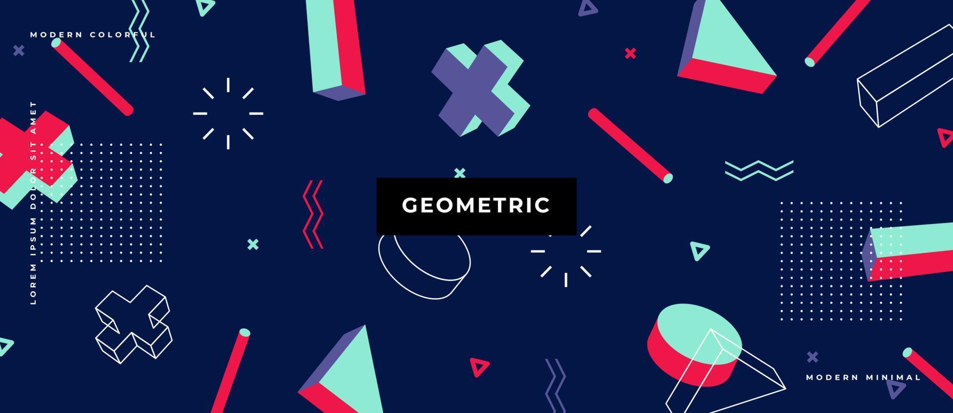 Geometric seamless pattern in 80s memphis style. Isometric geometric 3D shapes. Trendy retro background for printing on paper, promotional materials and fabric. Vector illustration