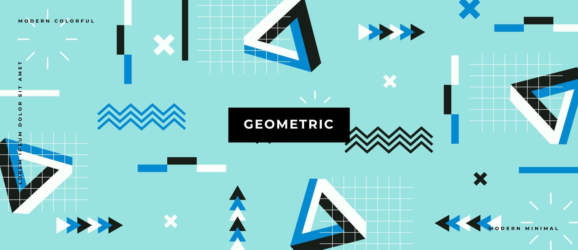 Geometric 3d triangle memphis seamless pattern style. Modern trendy blue background with 3d objects, line, dot, shape concept. vector