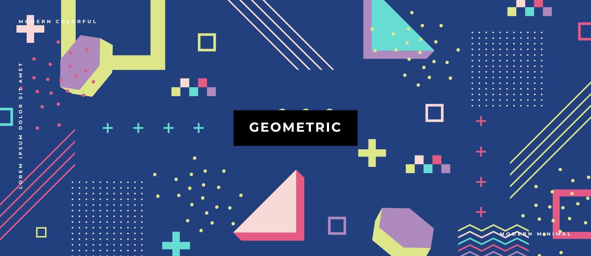 Memphis style 3d shapes, lines, dots Geometry banner in retro style. Abstract background. vector