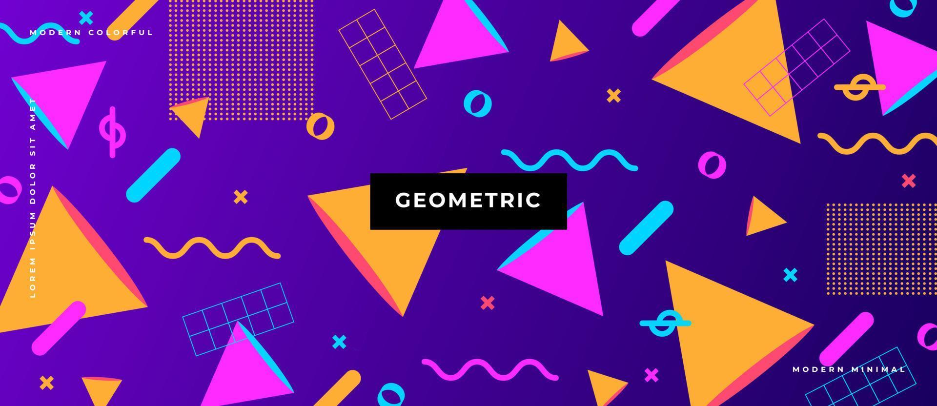 Fondo geométrico estilo memphis en estilo plano. telón de fondo abstracto con formas geométricas. banner horizontal con formas de triángulos. ilustración vectorial. vector