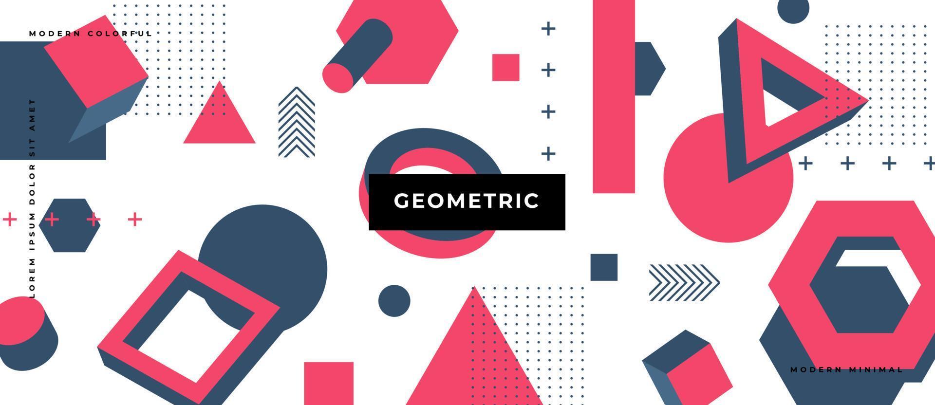 Geometric memphis seamless pattern in style of the 80s. Modern trendy in white background with 3d polygon shape. vector