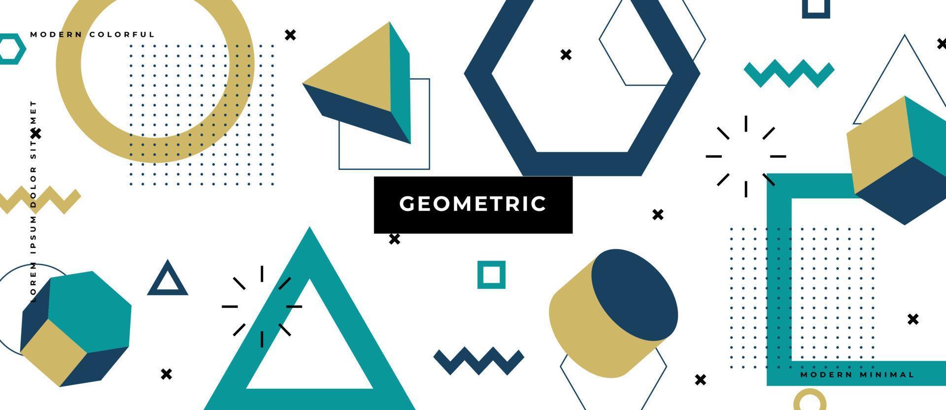 Geometric memphis seamless pattern in style of the 80s. Modern trendy background with 3d polygon shape, flat, line, dot in white background. vector