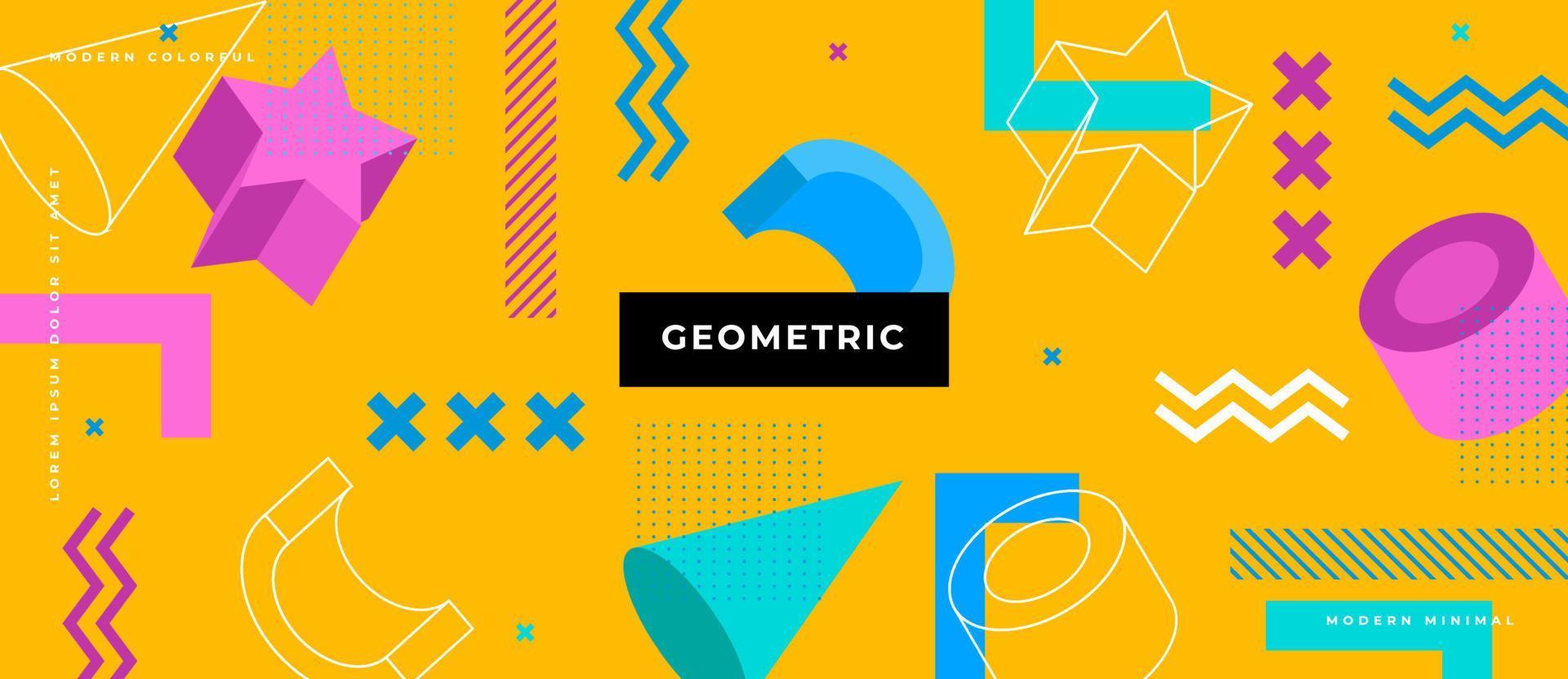 Colorful 3d polygon shape, geometric memphis style shapes, dots, lines background. vector