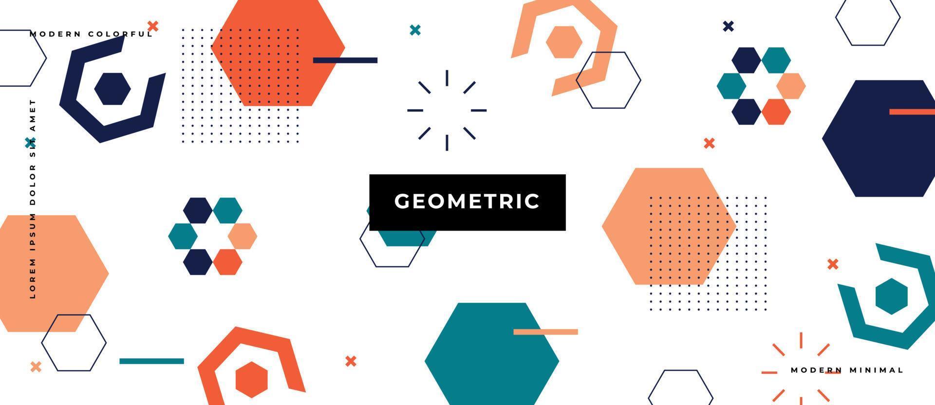 Colorful geometric hexagon shape, line, dot seamless pattern background in Memphis style. vector