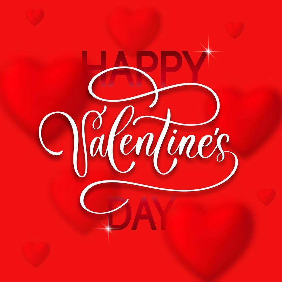 Feliz día de San Valentín texto escrito a mano sobre fondo rojo con corazones borrosos. vector