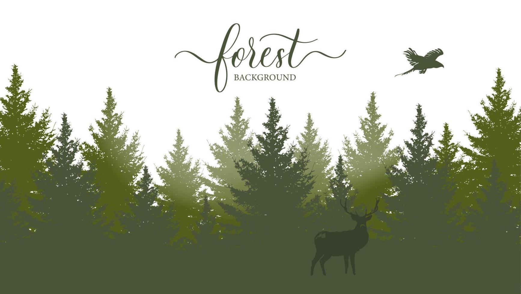 Vector vintage forest landscape with green silhouettes of trees, wild animal deer and eagle bird.