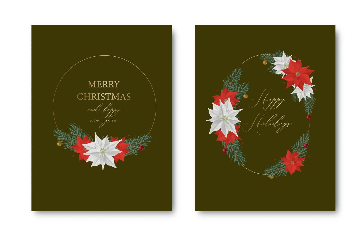 Set of Elegant Merry Christmas and New Year cards with pine wreath, mistletoe, winter plants design illustration for greetings, invitation, flyer, brochure, cover. vector