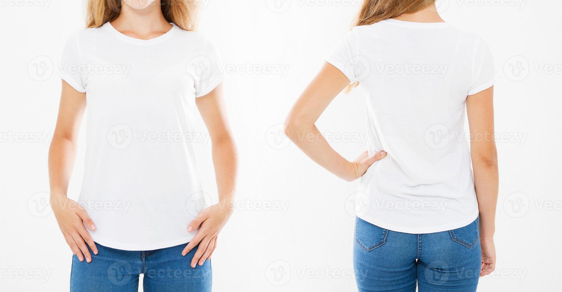 Retrato recortado conjunto de vistas frontales y traseras mujer caucásica en camiseta aislado sobre fondo blanco. foto