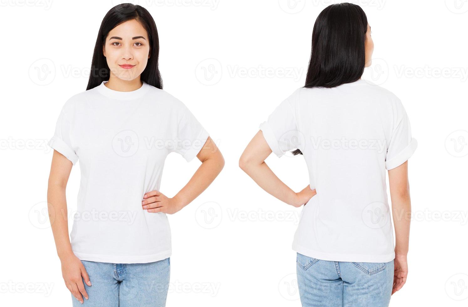 set,collage asian,korean woman in t-shirt isolated on white background,Mock up for design. Copy space. Template. Blank photo